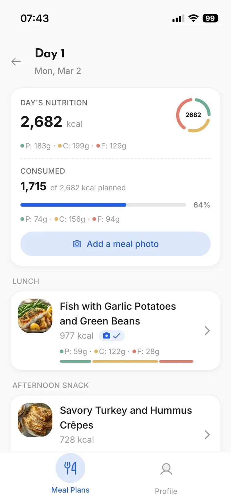 Promealplan client app meal plan view