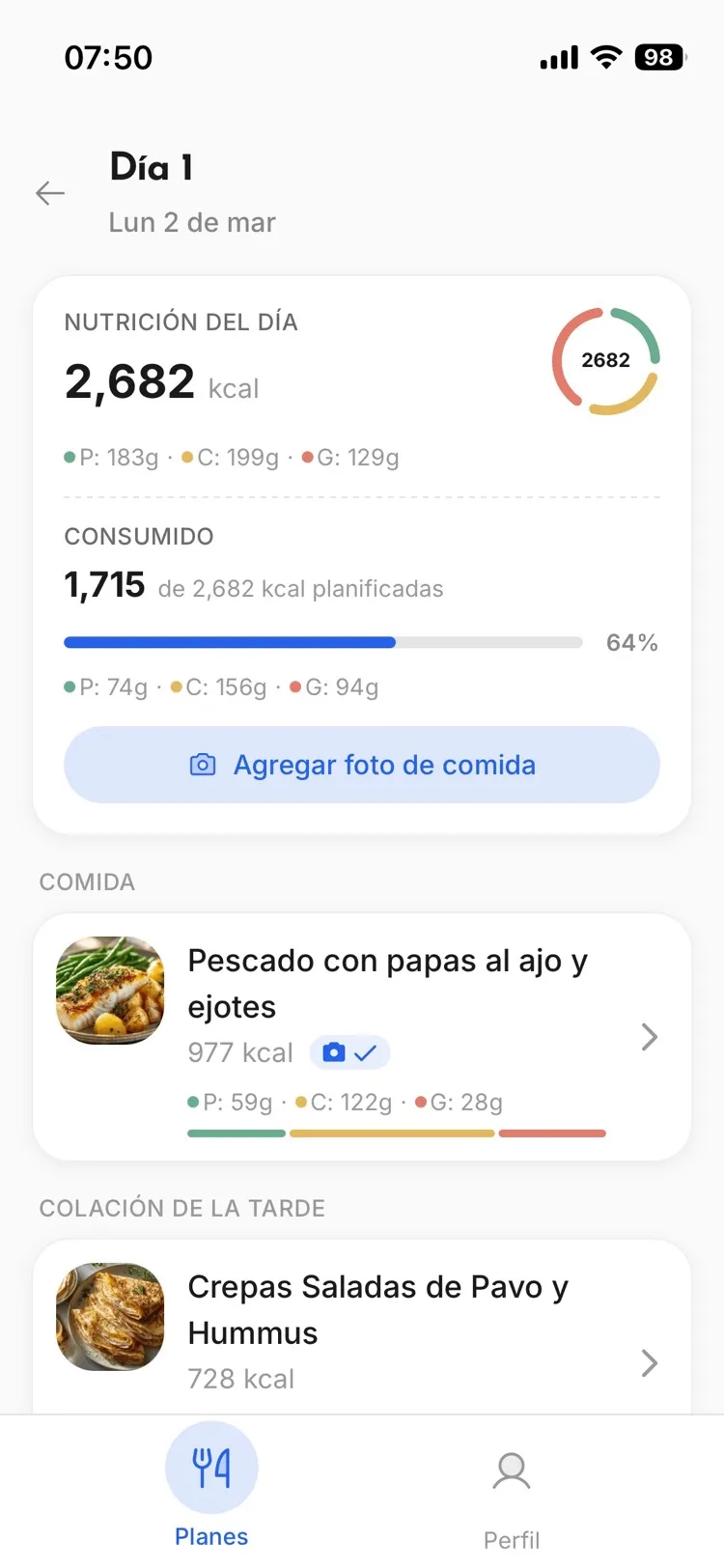 Promealplan client app meal plan view