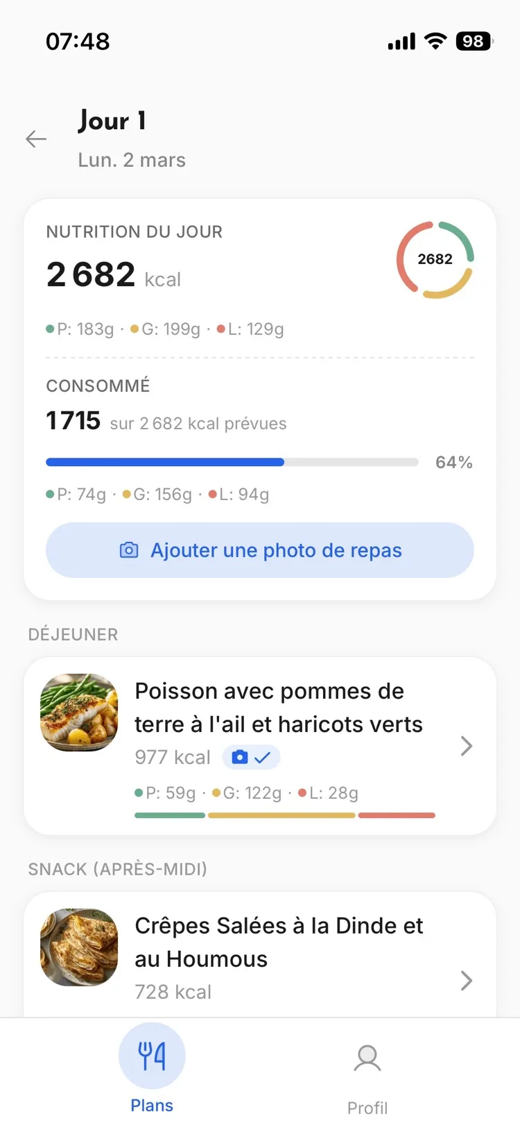 Promealplan client app meal plan view
