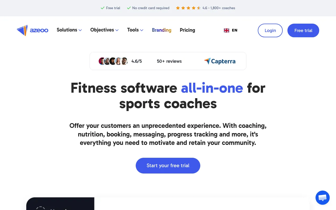 Page d'accueil d'AZEOO présentant la plateforme tout-en-un de coaching sportif et nutrition