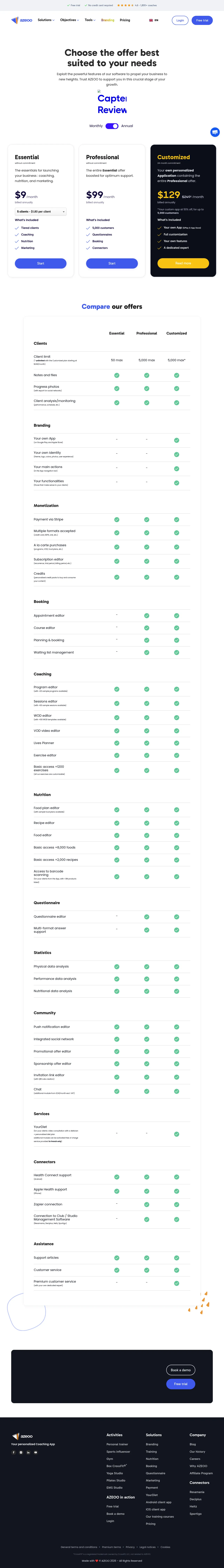 Page de tarifs AZEOO avec les trois forfaits Essentiel, Pro et Sur Mesure