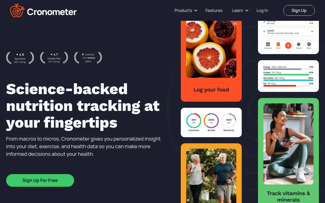 Cronometer homepage showing detailed nutritional tracking interface