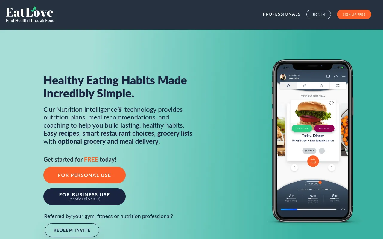 EatLove homepage showing AI-personalized nutrition platform positioning