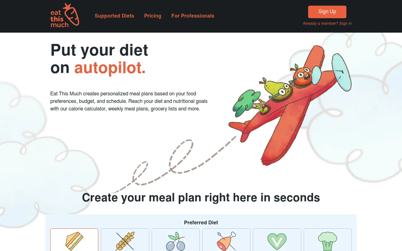 Eat This Much homepage showing automated meal planning app