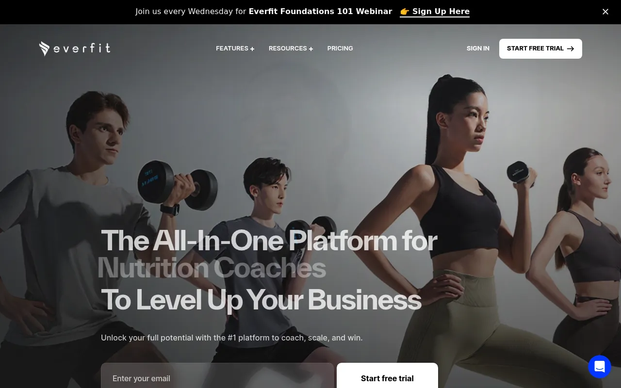 Everfit homepage showing their all-in-one coaching platform for personal trainers