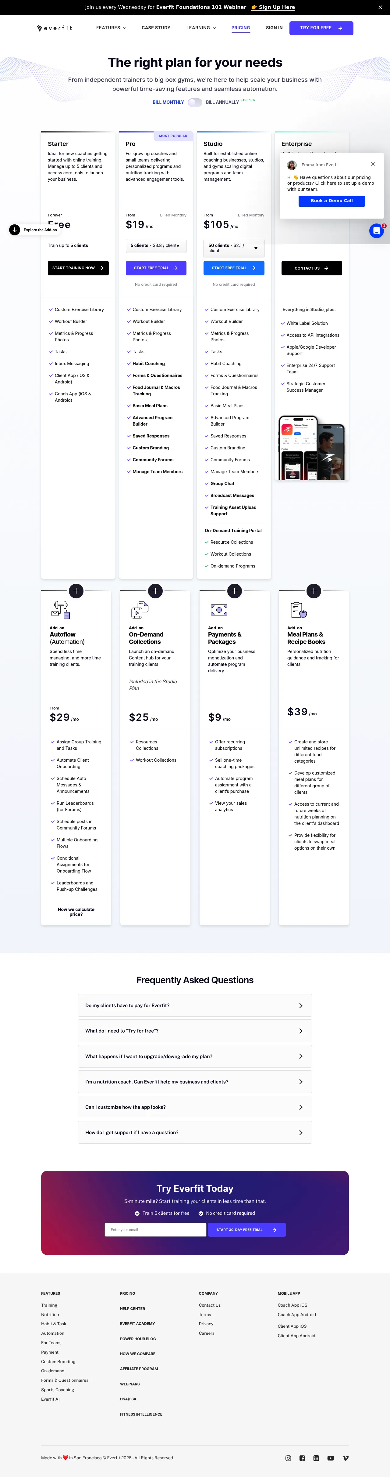 Everfit pricing page showing Starter, Pro, Studio, and Enterprise plans