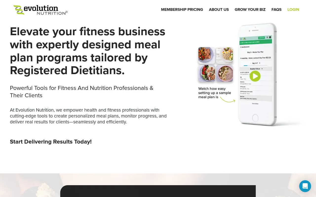 Evolution Nutrition homepage showing meal plan software for dietitians and fitness coaches