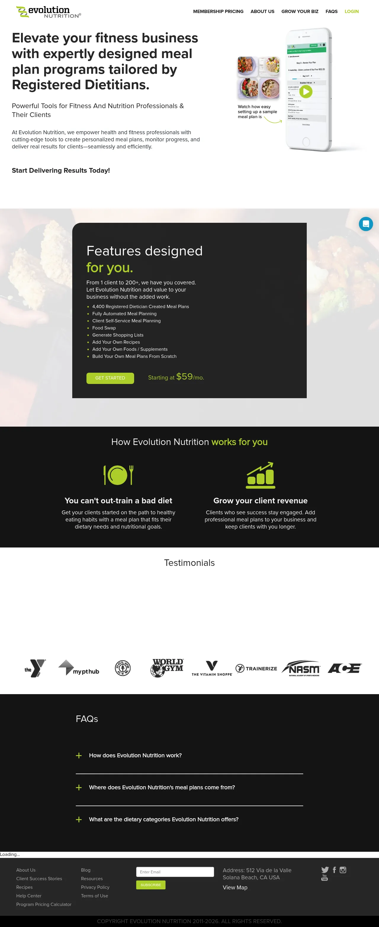 Evolution Nutrition pricing plan at $59 per month for fitness professionals
