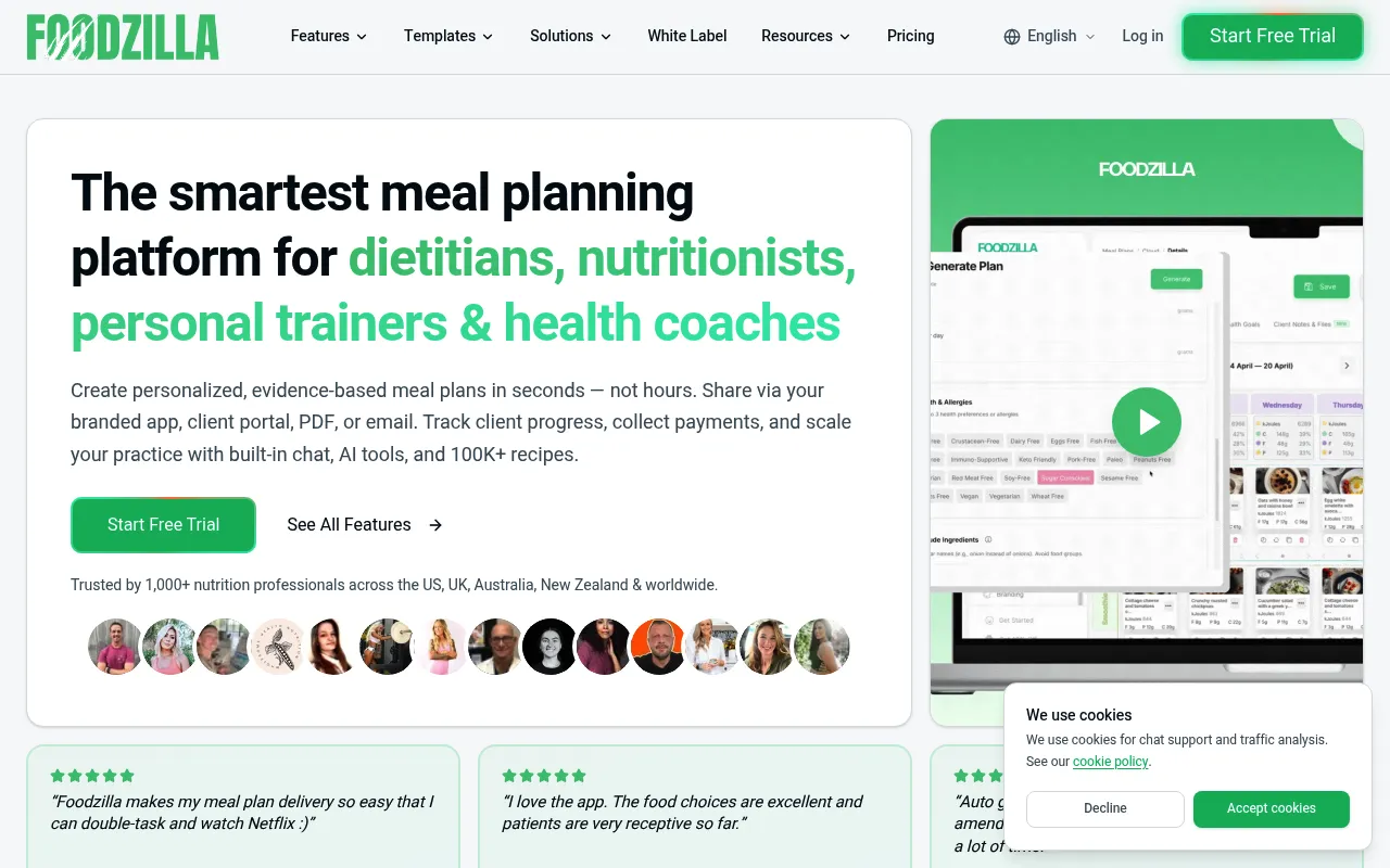 Foodzilla homepage showing their AI-powered nutrition software platform