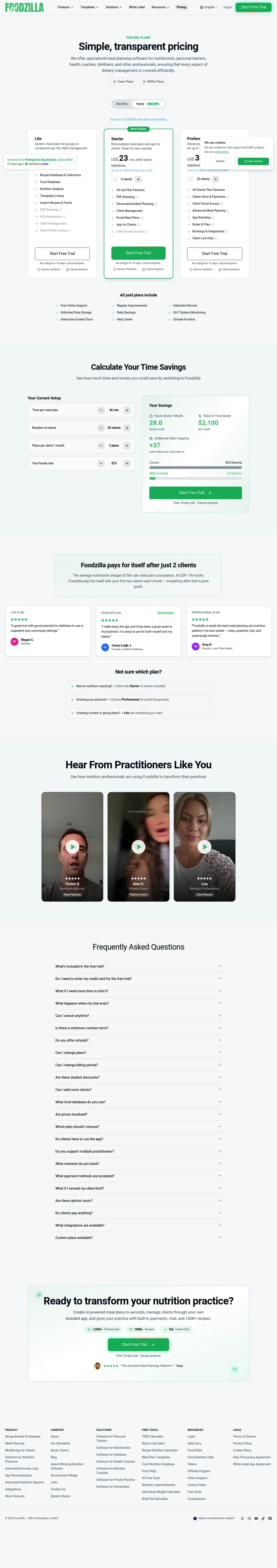 Foodzilla pricing page showing three plan tiers