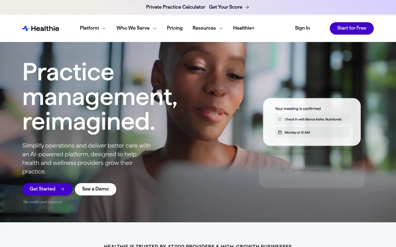 Healthie homepage showing the all-in-one EHR and telehealth platform for dietitians