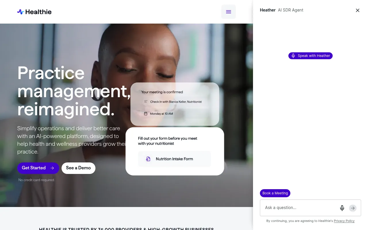 Healthie homepage for registered dietitians and telehealth practices