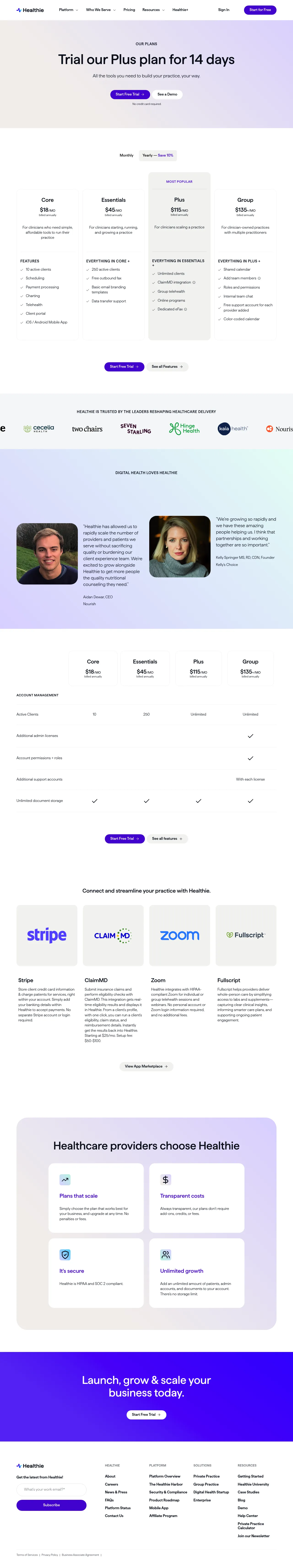 Healthie pricing page showing Core and Starter plans