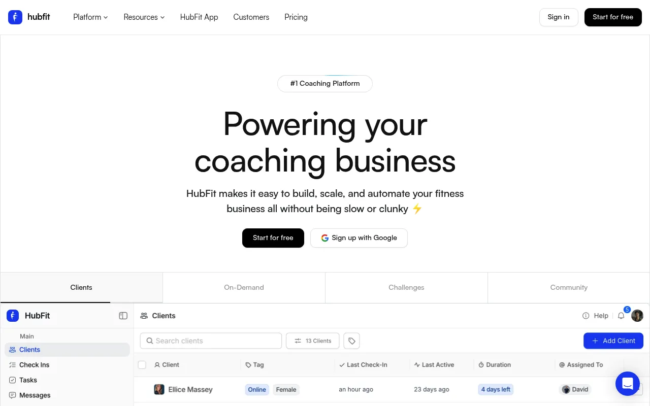 HubFit homepage showing all-in-one coaching platform