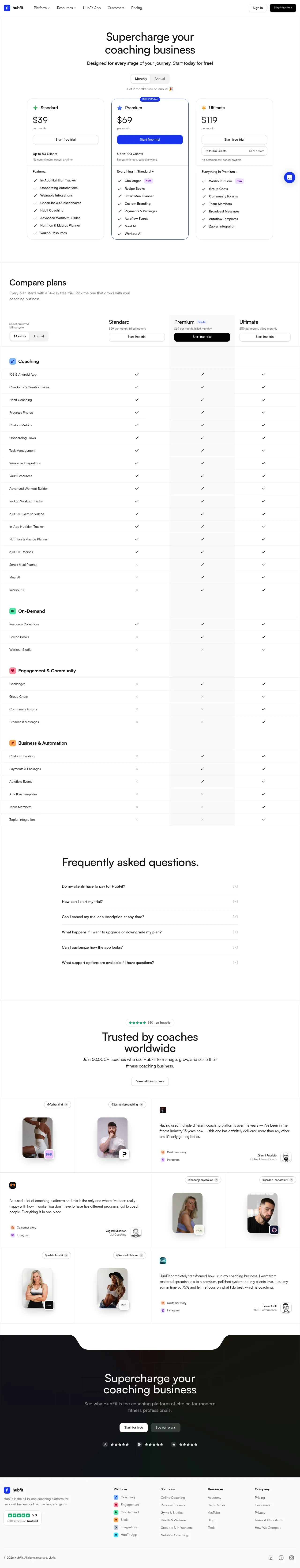 HubFit pricing page showing Standard, Premium, and Ultimate tiers
