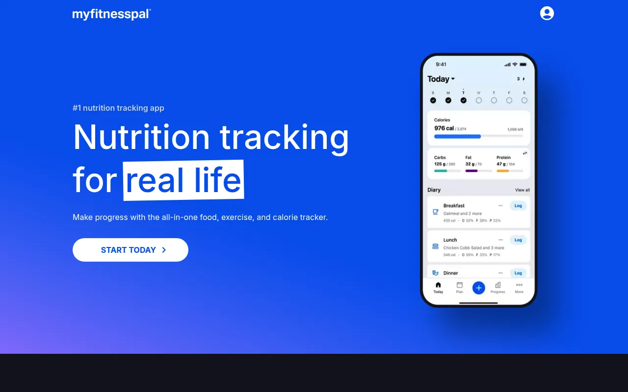 MyFitnessPal homepage showing calorie and macro tracking interface
