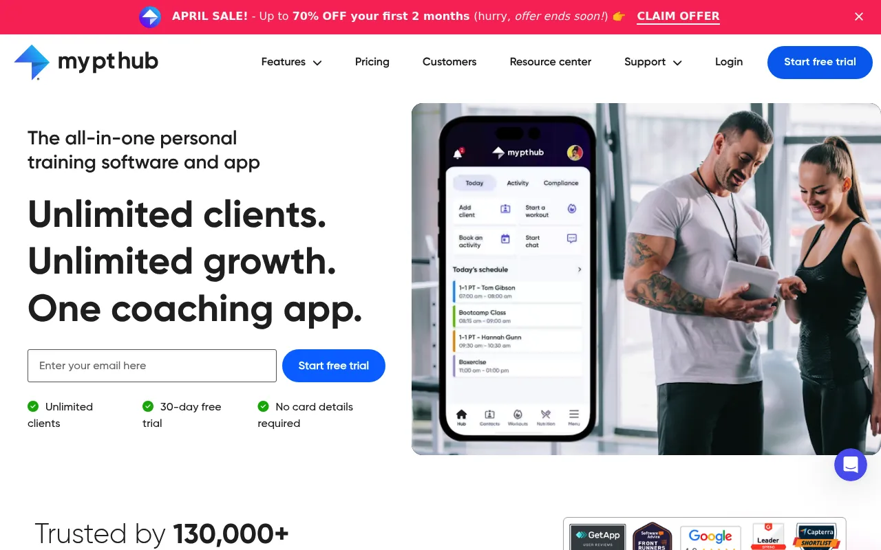 My PT Hub homepage showing all-in-one personal training software positioning for 130,000+ trainers