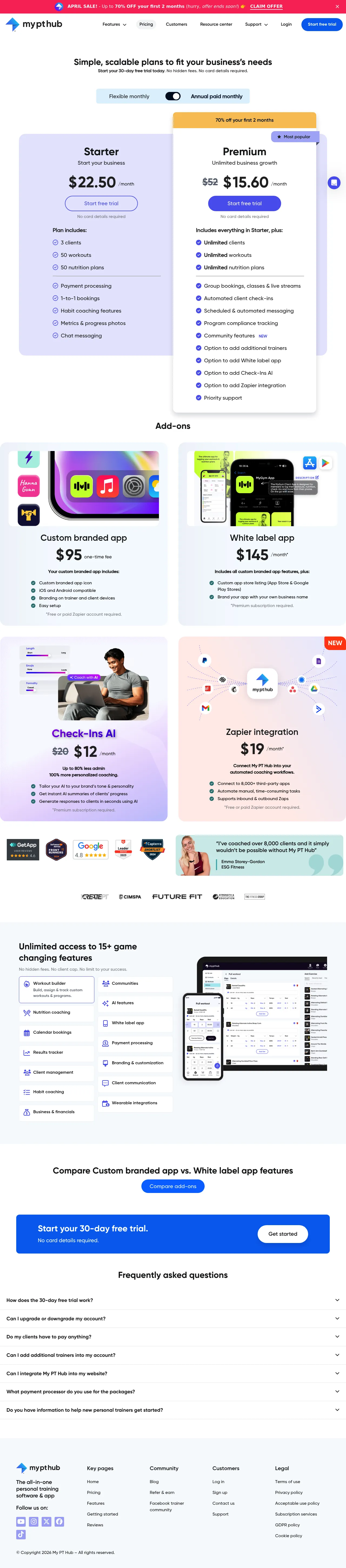 My PT Hub pricing page showing Starter at 25 EUR per month and Premium at 59 EUR per month with white-label and AI add-ons listed separately