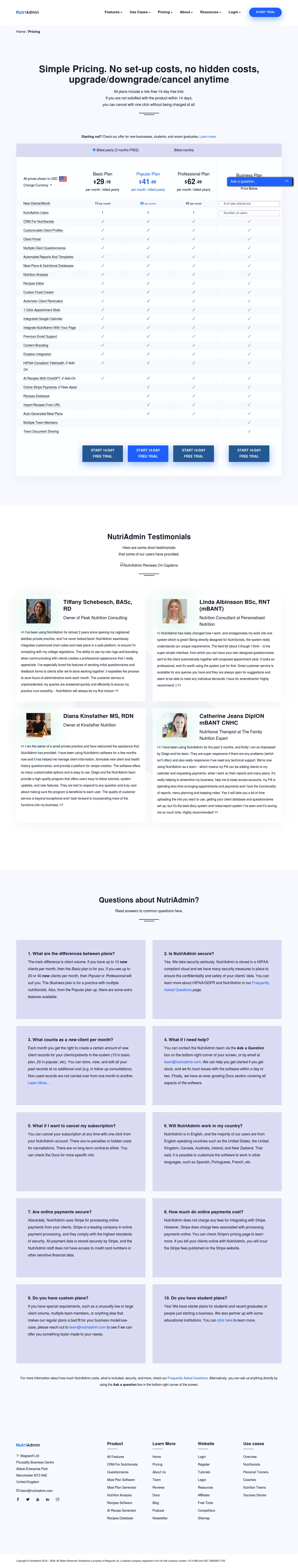 NutriAdmin pricing page with Solo and Team plans