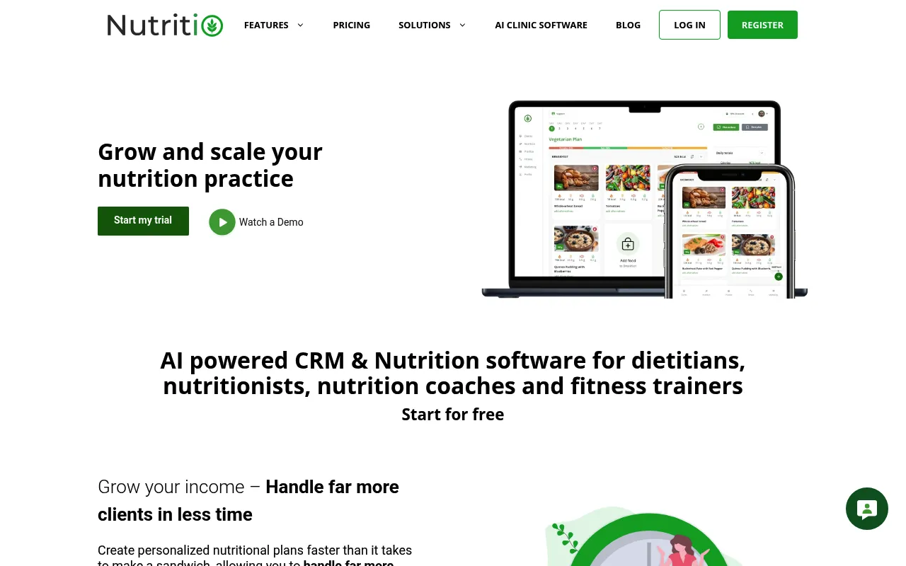 Page d'accueil de Nutritio mettant en avant une application mobile dédiée à la marque du coach
