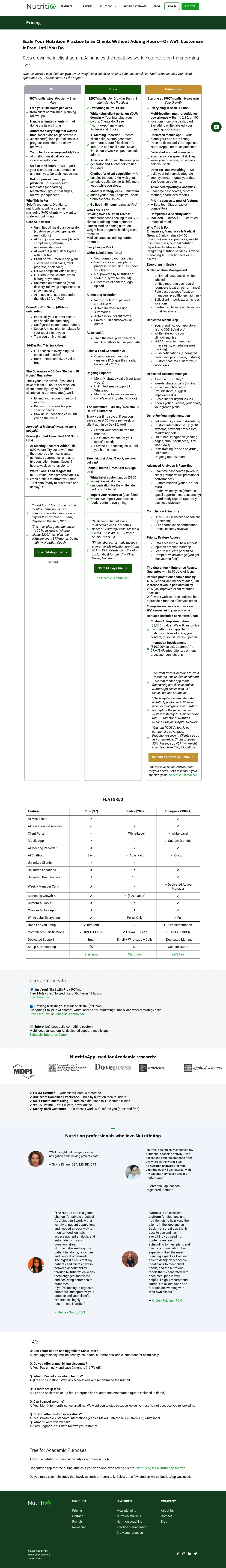 Page tarifs de Nutritio avec les formules coachs et l'application mobile à la marque