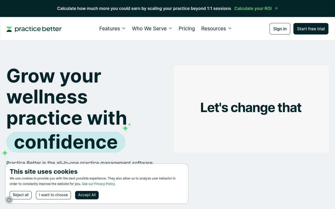 Practice Better homepage showing their practice management platform for health professionals