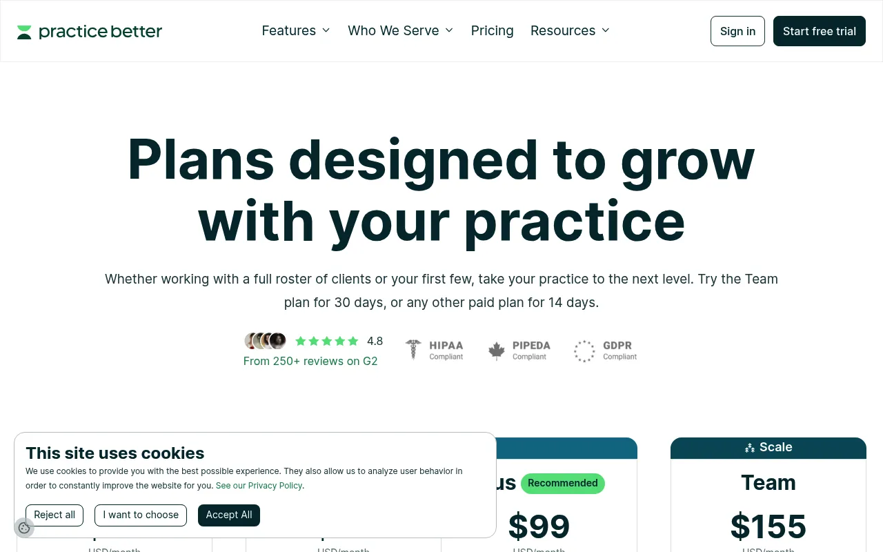 Practice Better pricing page showing Sprout, Starter, Professional, Plus, and Team plan options