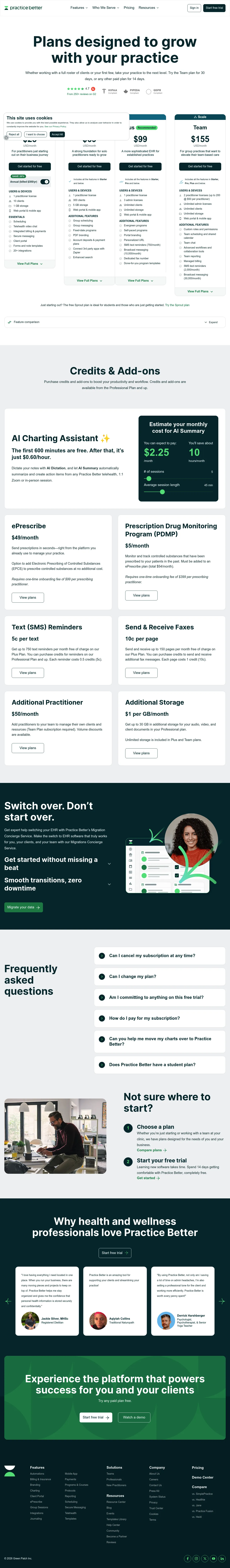Practice Better pricing page showing Starter through Team plans