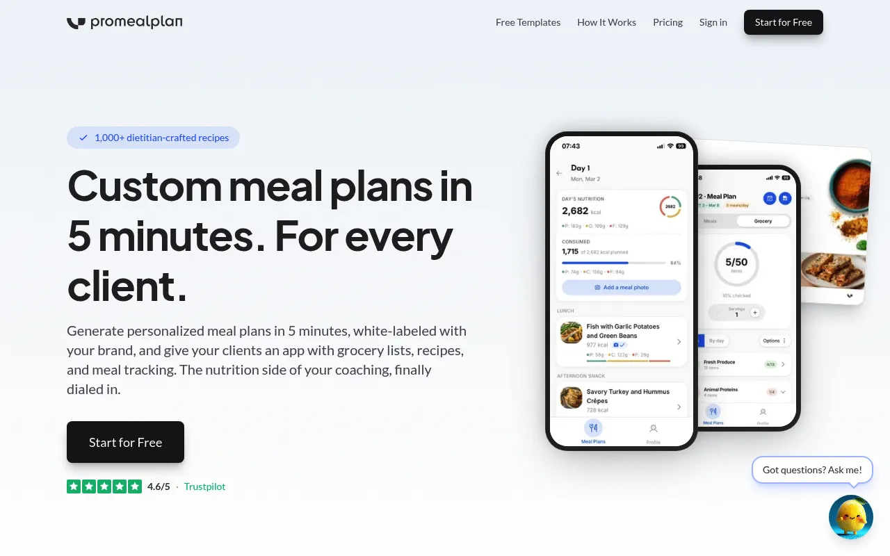 Promealplan homepage showing white-label meal planning software for nutritionists