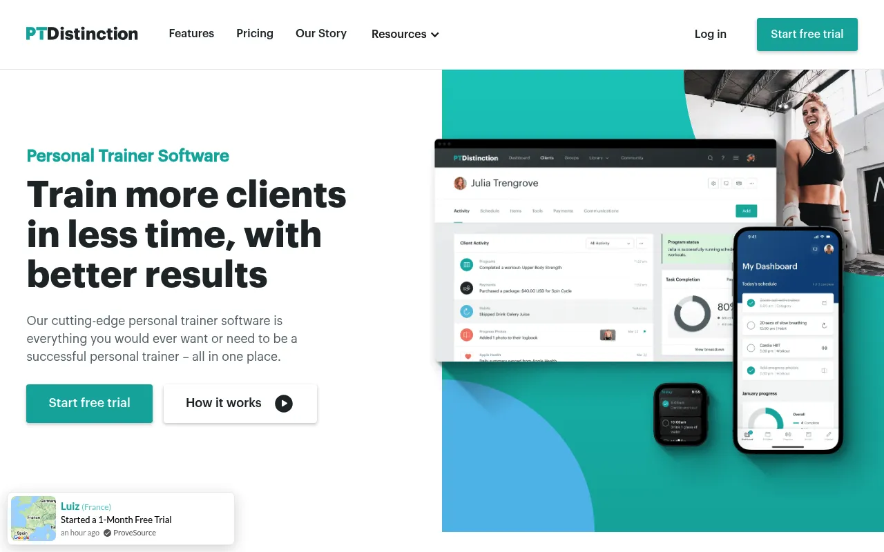 PT Distinction homepage showcasing the all-in-one personal training software with AI tools and 4.9/5 ratings