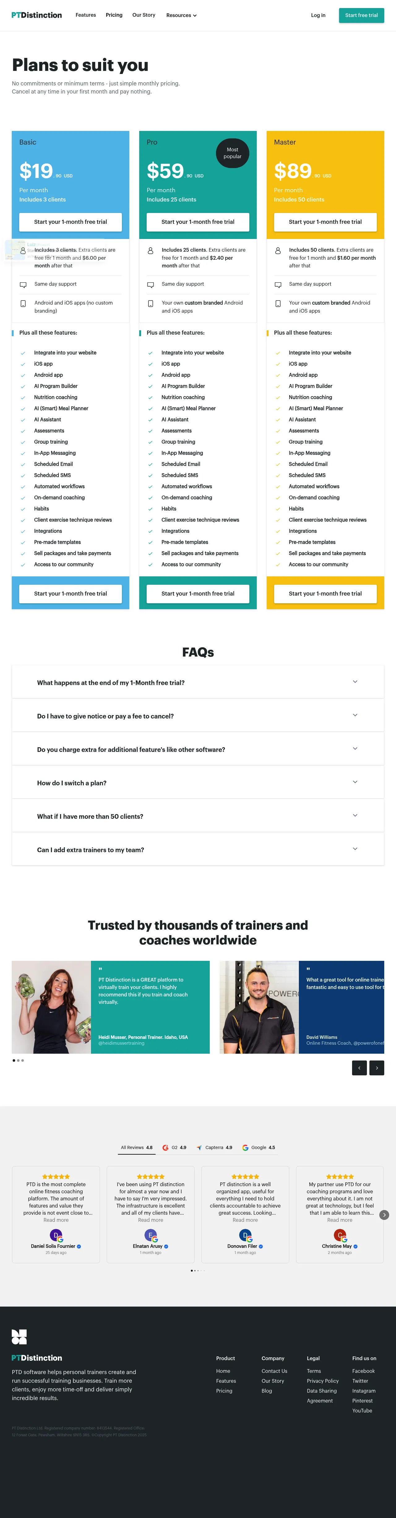PT Distinction pricing page showing Basic, Pro, and Master tiers with transparent flat-fee pricing
