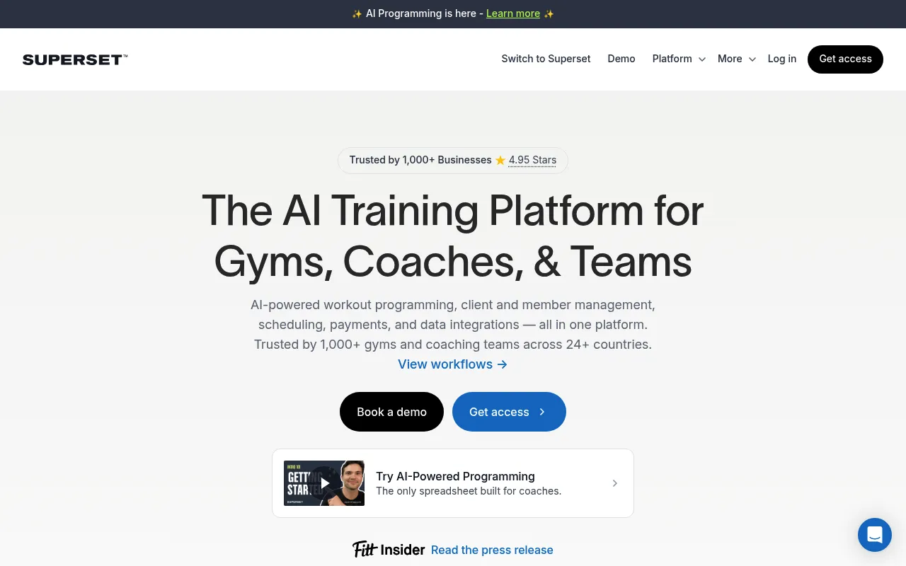 Superset App homepage showing the AI training platform for gyms and coaching teams
