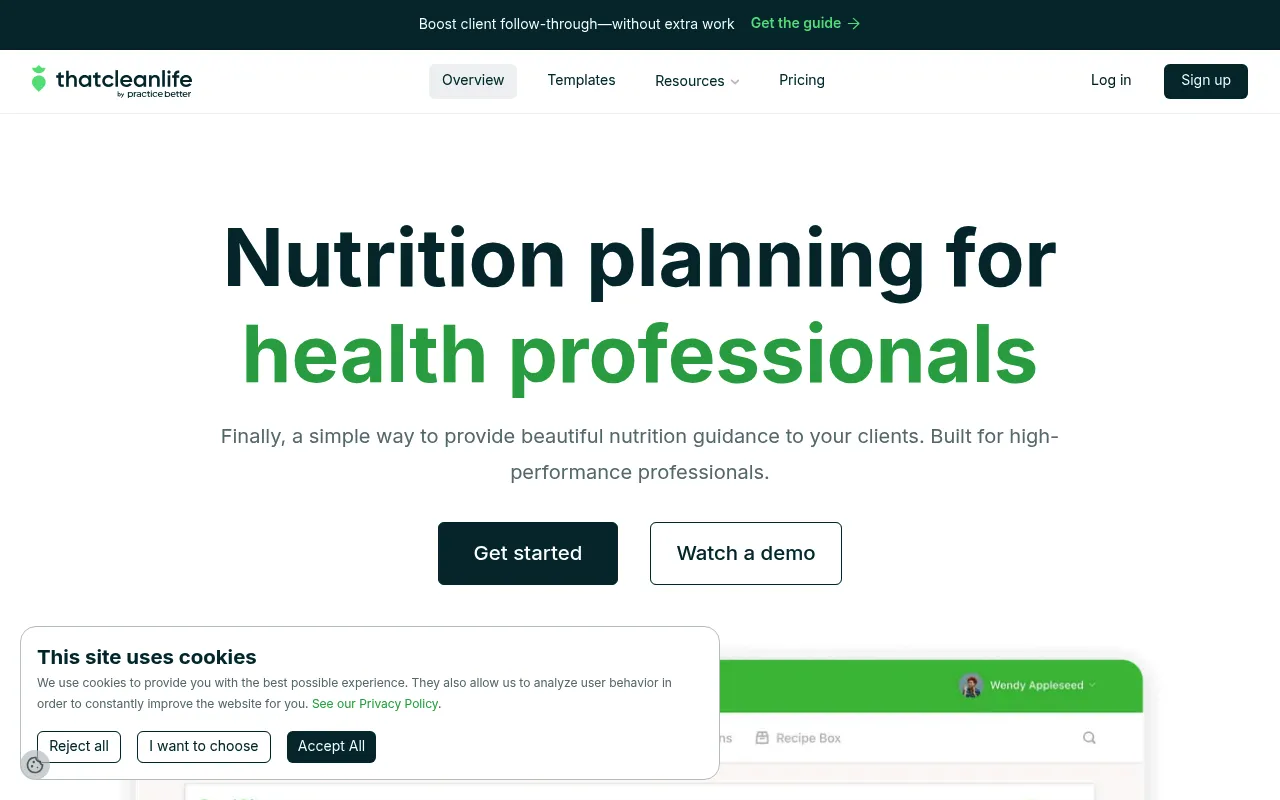 That Clean Life homepage showing their meal planning platform for health professionals