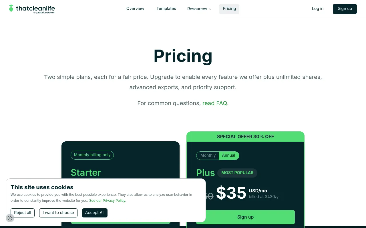 That Clean Life pricing page showing Starter and Plus plan options