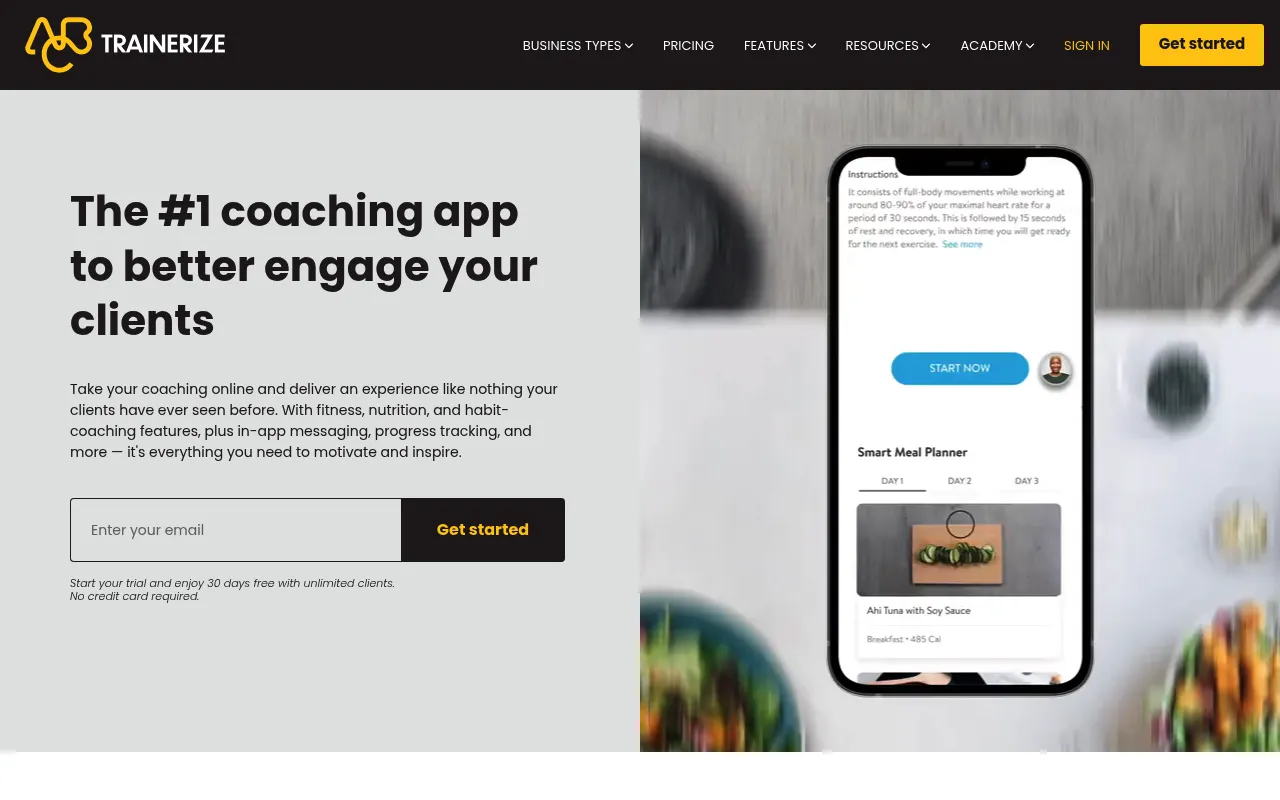 Trainerize homepage showing their coaching platform for personal trainers and fitness businesses