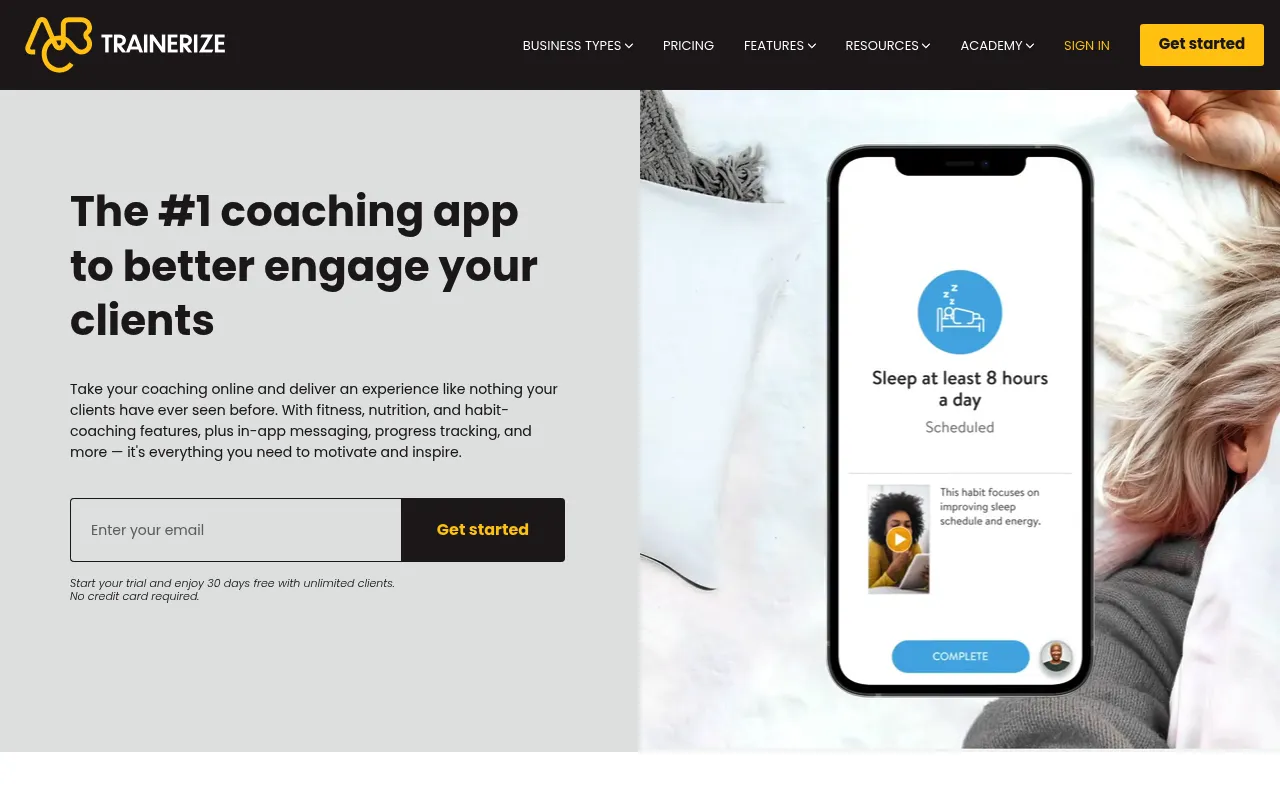 Trainerize homepage showing fitness coaching software for trainers