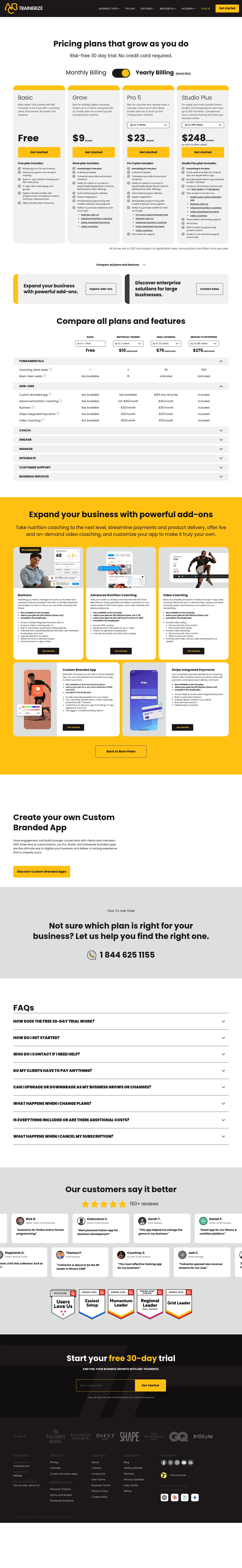 Trainerize pricing page showing Basic, Grow, Pro, and Studio Plus plans