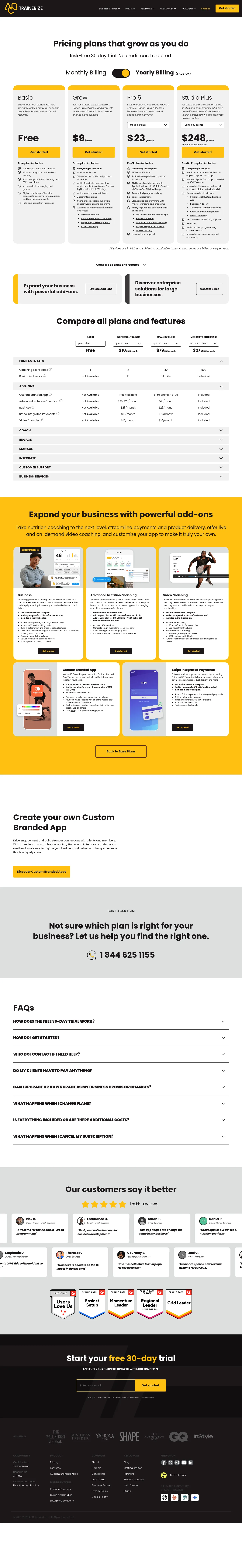 Trainerize pricing page showing Pro and Studio plan tiers