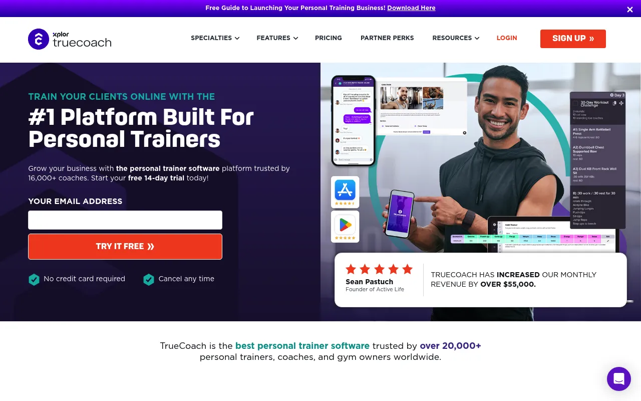 TrueCoach homepage showing their personal training platform for fitness coaches