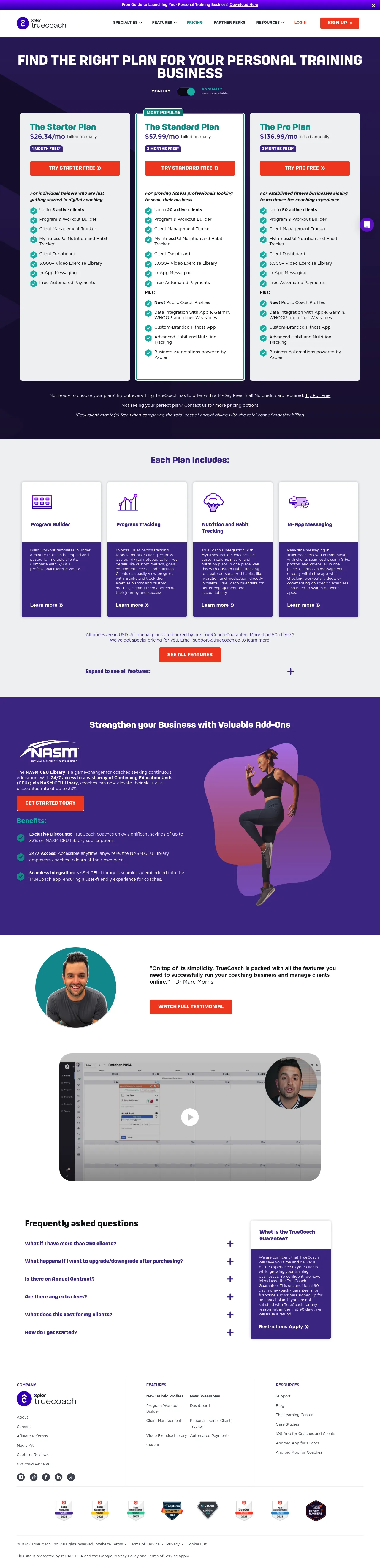 TrueCoach pricing page showing Starter, Standard, and Pro plans