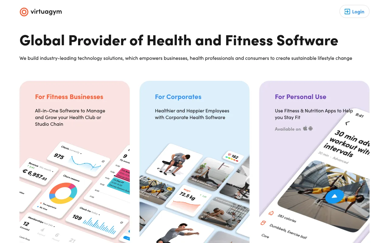 Virtuagym homepage showing their all-in-one software for gyms and personal trainers