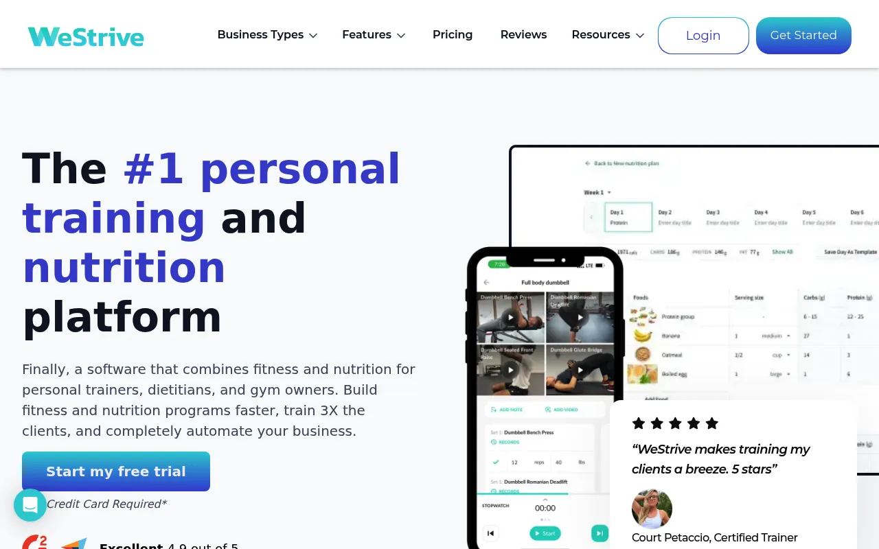 WeStrive homepage showcasing the all-in-one coaching platform with workouts, nutrition tracking, and a branded mobile app