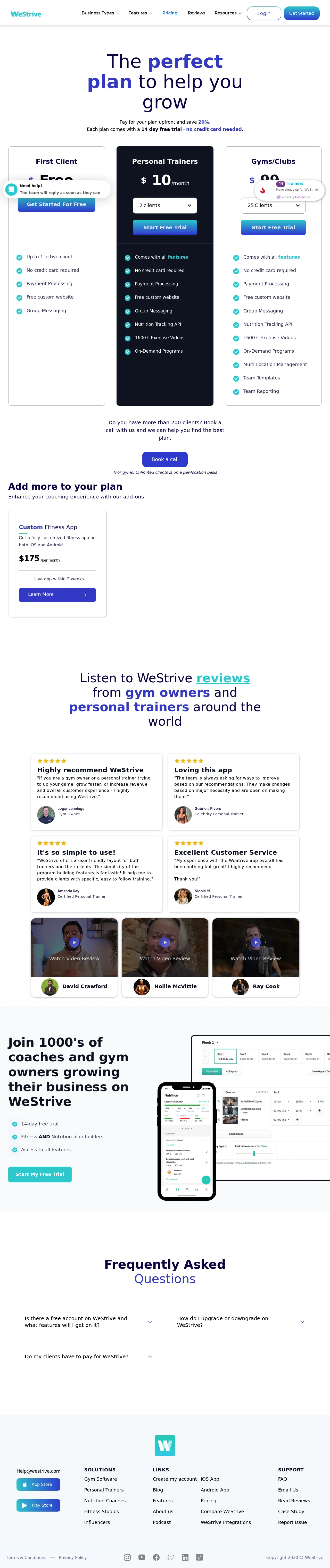WeStrive pricing page showing Free, Pro, and Studio tiers with monthly subscription pricing