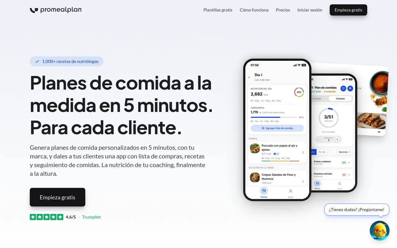 Pagina de inicio de Promealplan en espanol con propuesta de valor para coaches fitness