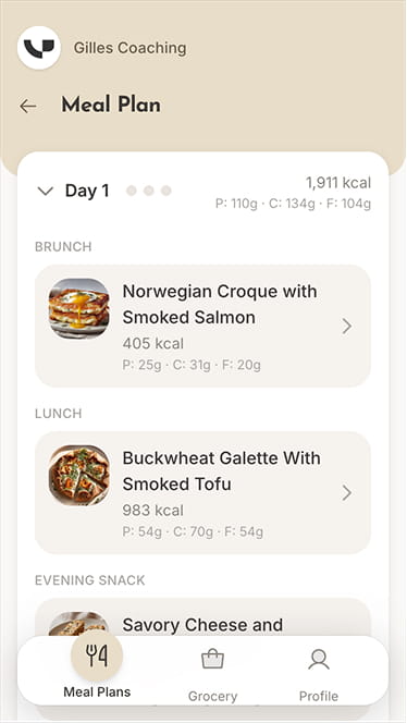 Promealplan client portal on mobile showing weekly meal plan calendar view