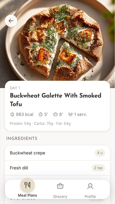 Promealplan client portal recipe detail page with nutritional macros on mobile device