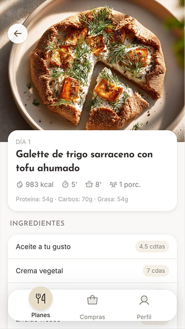 Página de detalle de receta del portal Promealplan con macros nutricionales en dispositivo móvil