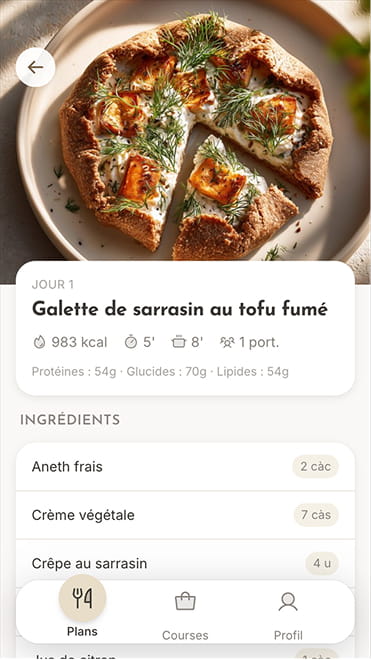 Page détail recette du portail coaché Promealplan avec macros nutritionnels sur appareil mobile